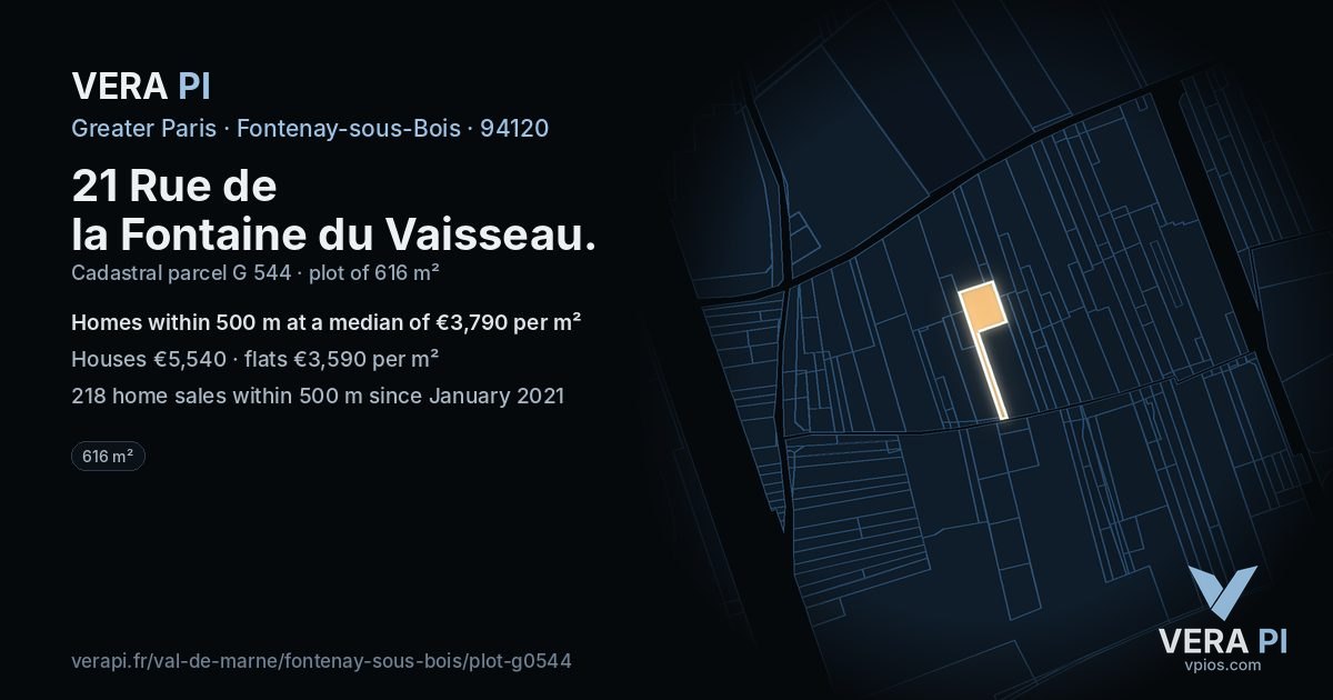 21 Rue de la Fontaine du Vaisseau, Fontenay-sous-Bois at night – the plot lit, the parcels around coloured by the prices near them