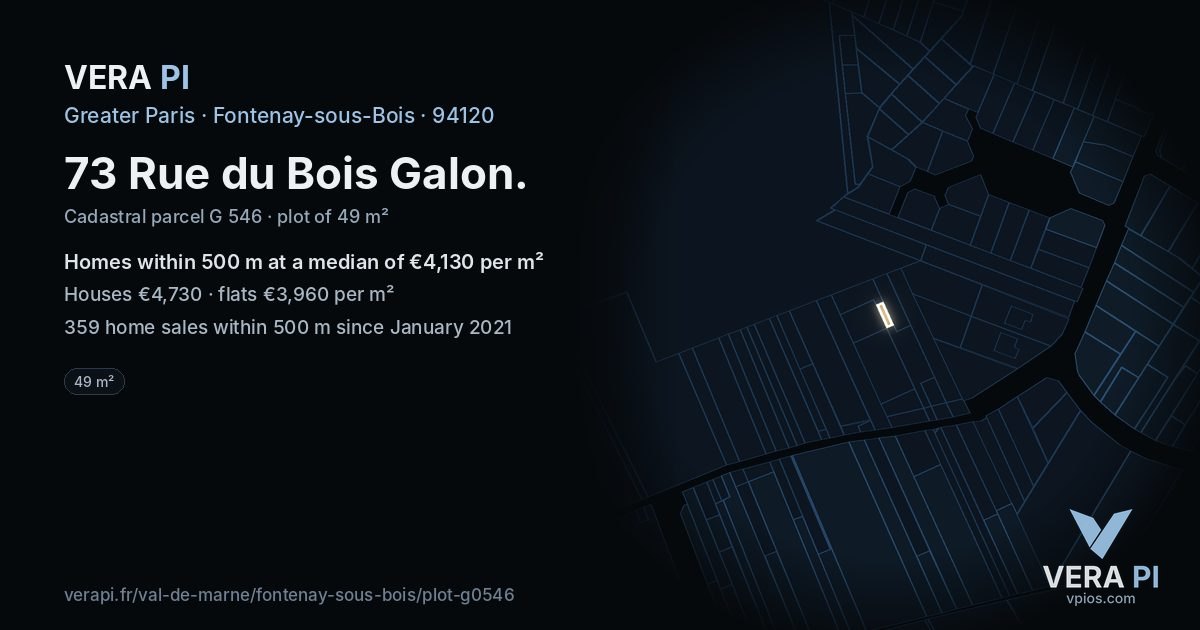73 Rue du Bois Galon, Fontenay-sous-Bois at night – the plot lit, the parcels around coloured by the prices near them