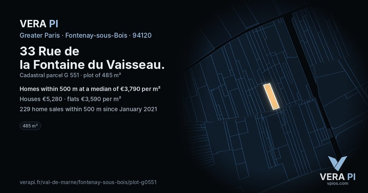 33 Rue de la Fontaine du Vaisseau, Fontenay-sous-Bois at night – the plot lit, the parcels around coloured by the prices near them