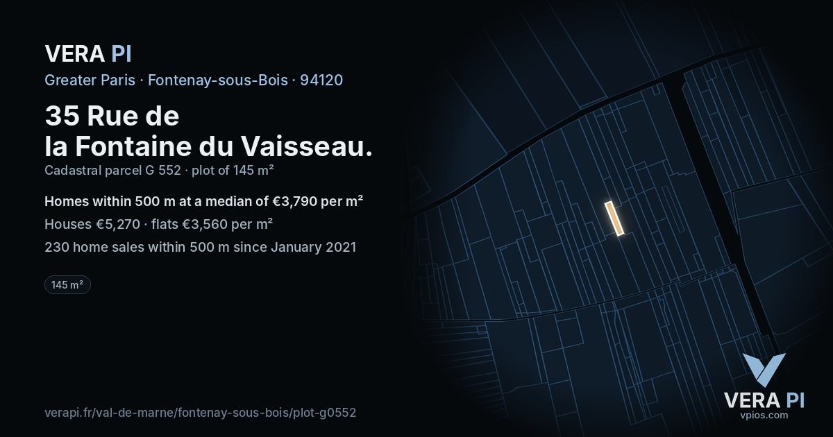 35 Rue de la Fontaine du Vaisseau, Fontenay-sous-Bois at night – the plot lit, the parcels around coloured by the prices near them