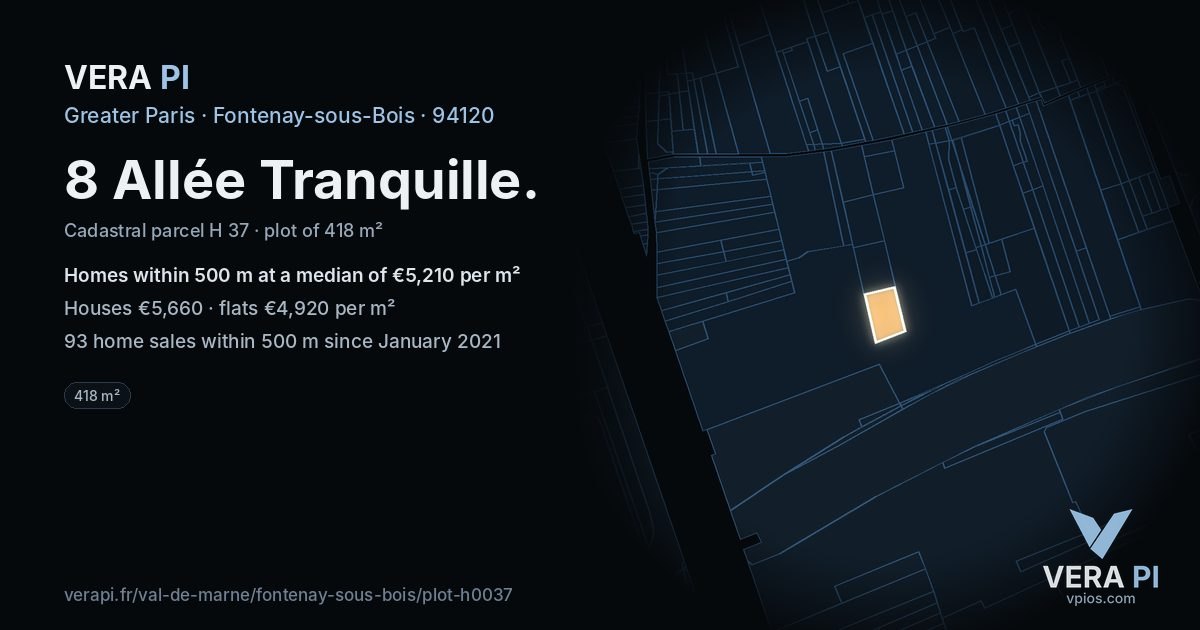 8 Allée Tranquille, Fontenay-sous-Bois at night – the plot lit, the parcels around coloured by the prices near them