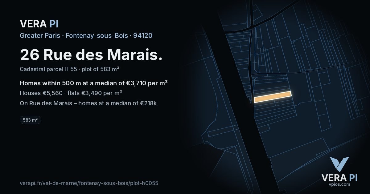 26 Rue des Marais, Fontenay-sous-Bois at night – the plot lit, the parcels around coloured by the prices near them