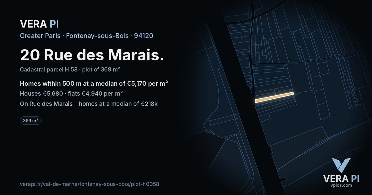20 Rue des Marais, Fontenay-sous-Bois at night – the plot lit, the parcels around coloured by the prices near them