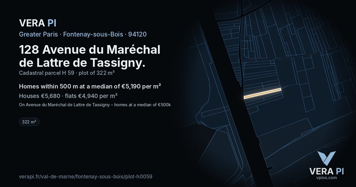 128 Avenue du Maréchal de Lattre de Tassigny, Fontenay-sous-Bois at night – the plot lit, the parcels around coloured by the prices near them