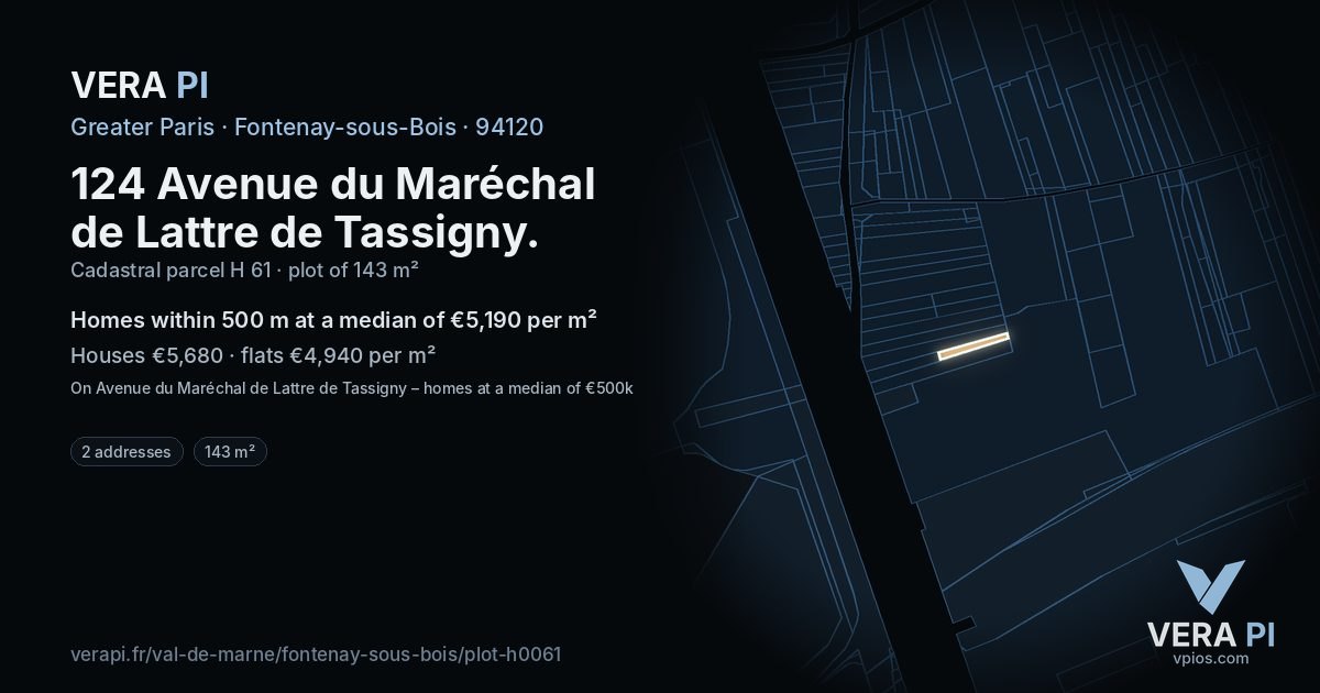 124 Avenue du Maréchal de Lattre de Tassigny, Fontenay-sous-Bois at night – the plot lit, the parcels around coloured by the prices near them