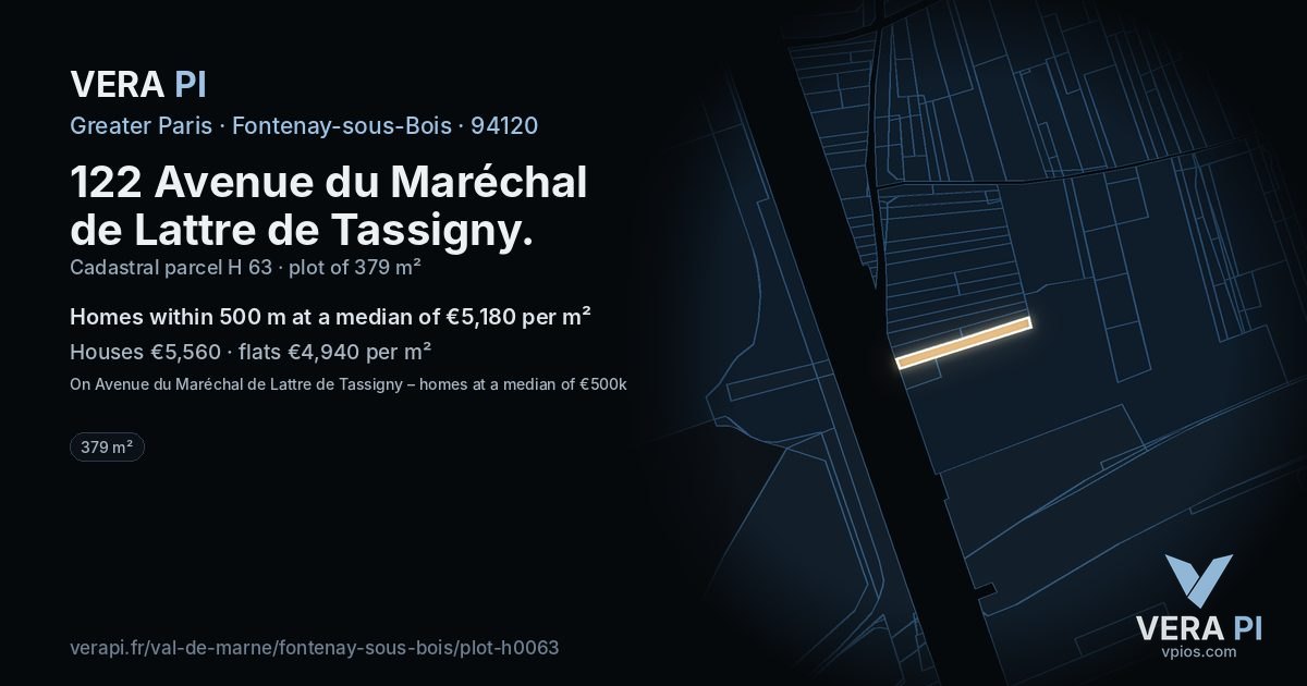 122 Avenue du Maréchal de Lattre de Tassigny, Fontenay-sous-Bois at night – the plot lit, the parcels around coloured by the prices near them