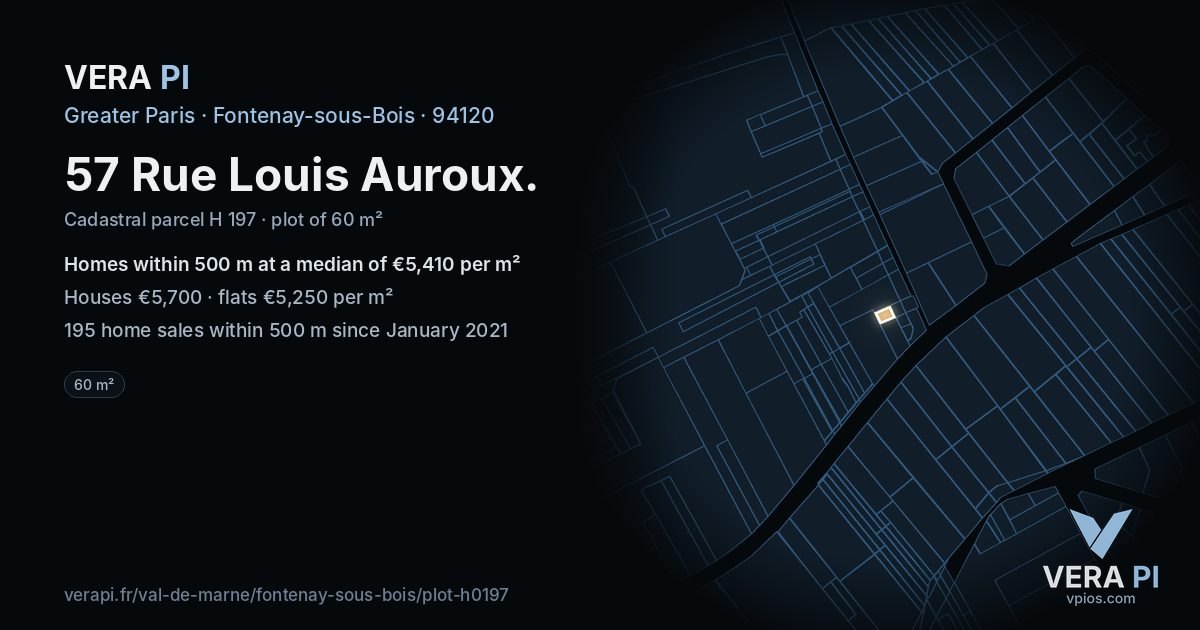 57 Rue Louis Auroux, Fontenay-sous-Bois at night – the plot lit, the parcels around coloured by the prices near them