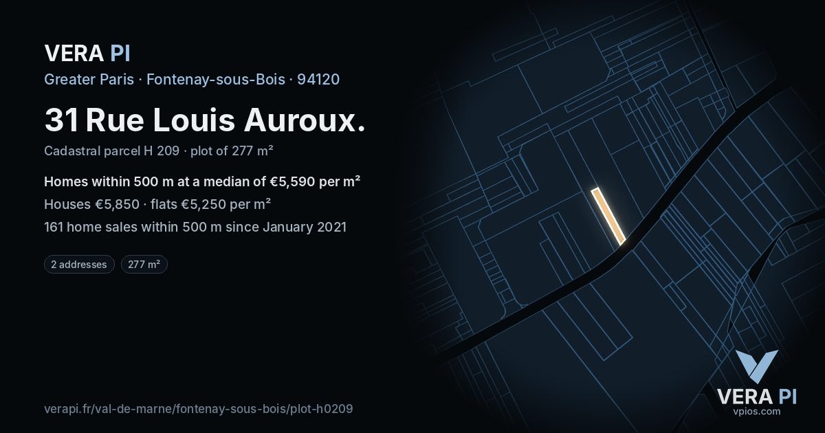 31 Rue Louis Auroux, Fontenay-sous-Bois at night – the plot lit, the parcels around coloured by the prices near them
