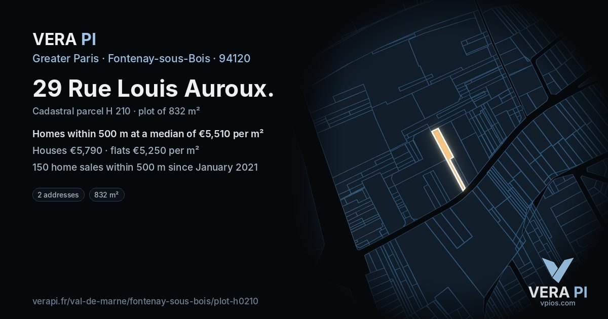 29 Rue Louis Auroux, Fontenay-sous-Bois at night – the plot lit, the parcels around coloured by the prices near them