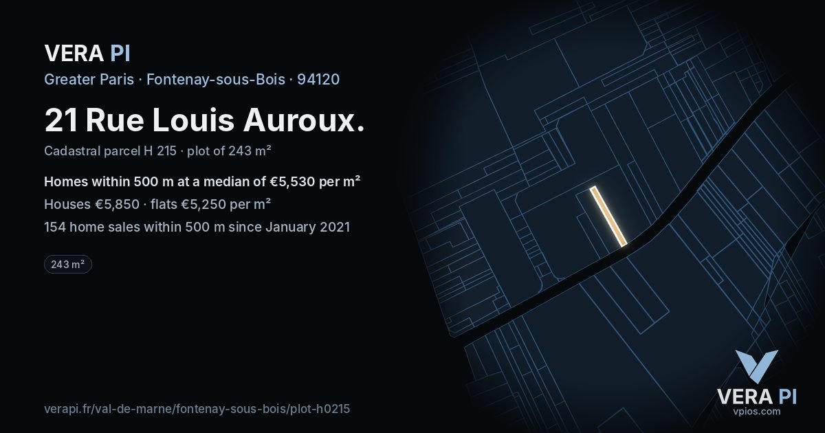21 Rue Louis Auroux, Fontenay-sous-Bois at night – the plot lit, the parcels around coloured by the prices near them