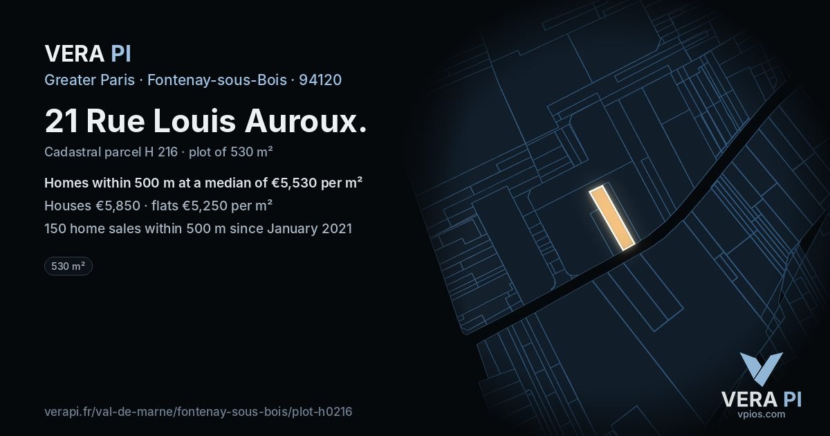 21 Rue Louis Auroux, Fontenay-sous-Bois at night – the plot lit, the parcels around coloured by the prices near them