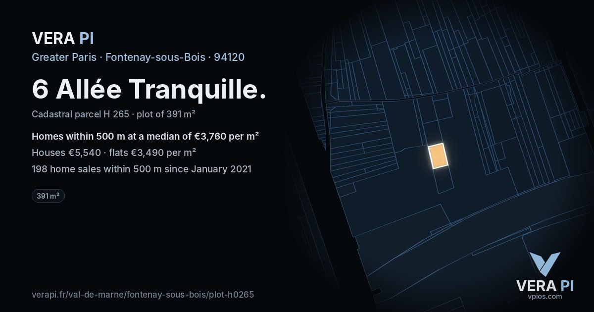 6 Allée Tranquille, Fontenay-sous-Bois at night – the plot lit, the parcels around coloured by the prices near them