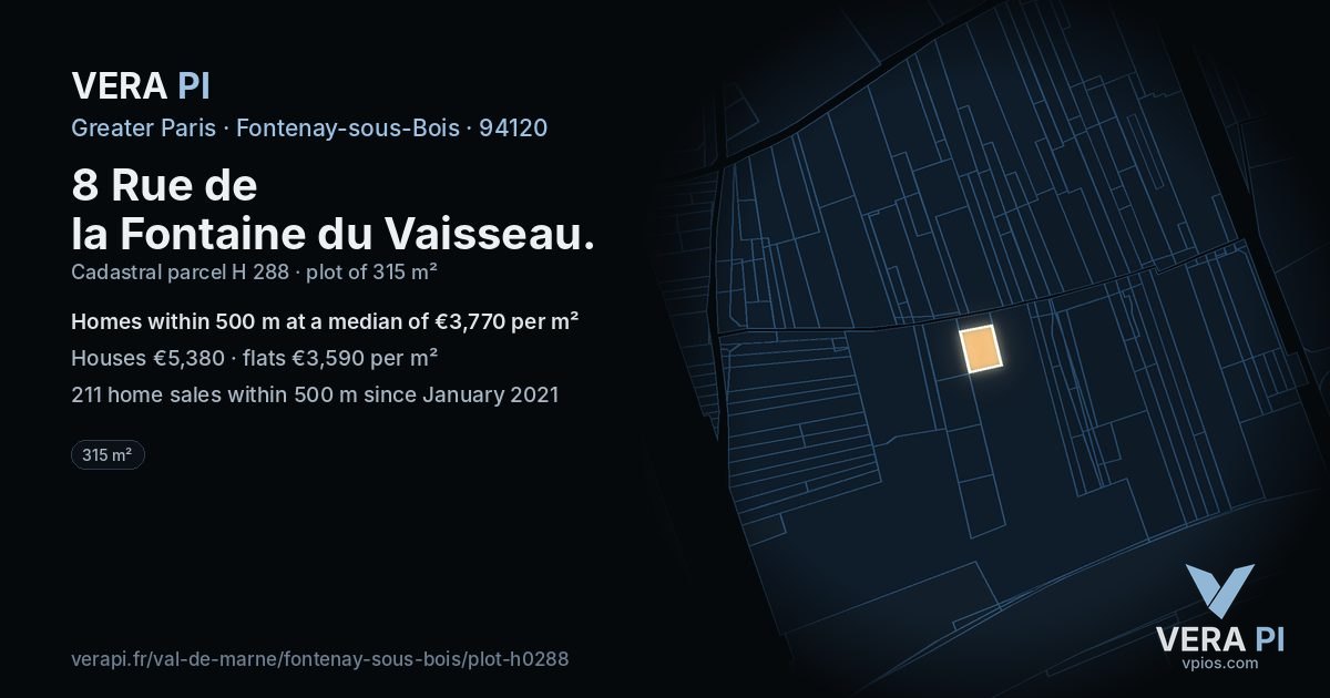 8 Rue de la Fontaine du Vaisseau, Fontenay-sous-Bois at night – the plot lit, the parcels around coloured by the prices near them