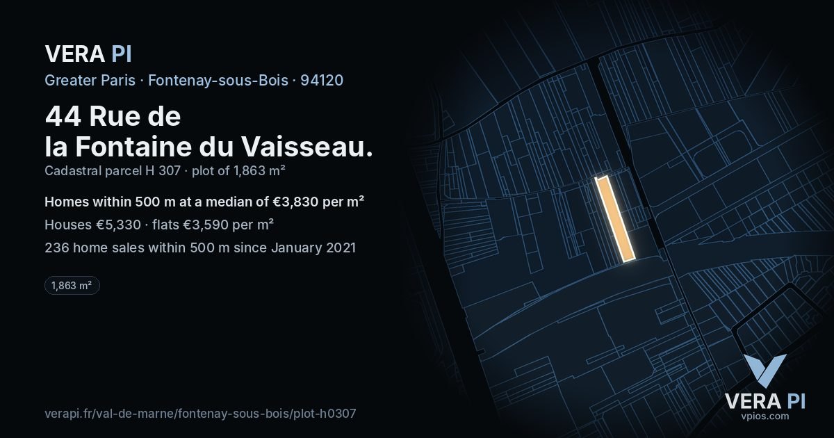 44 Rue de la Fontaine du Vaisseau, Fontenay-sous-Bois at night – the plot lit, the parcels around coloured by the prices near them