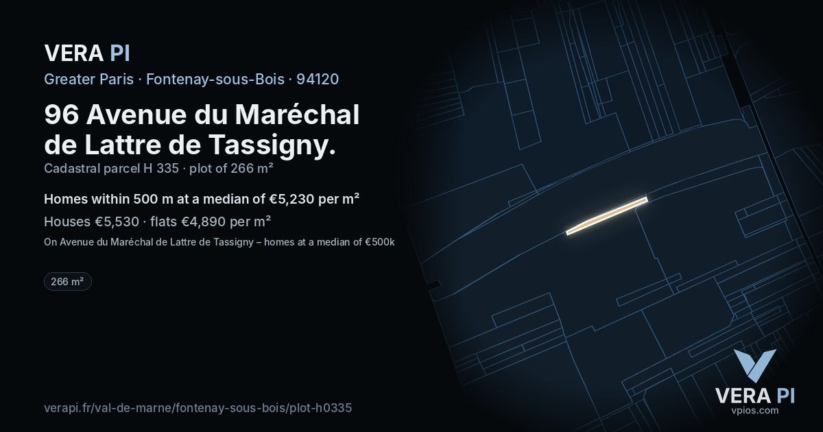 96 Avenue du Maréchal de Lattre de Tassigny, Fontenay-sous-Bois at night – the plot lit, the parcels around coloured by the prices near them