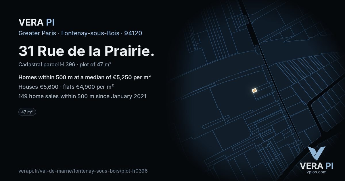 31 Rue de la Prairie, Fontenay-sous-Bois at night – the plot lit, the parcels around coloured by the prices near them