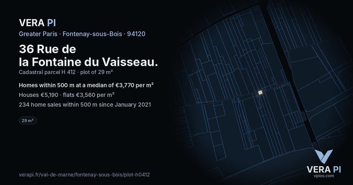 36 Rue de la Fontaine du Vaisseau, Fontenay-sous-Bois at night – the plot lit, the parcels around coloured by the prices near them