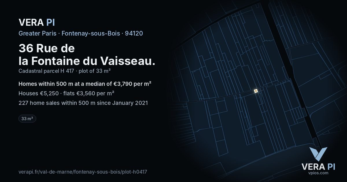 36 Rue de la Fontaine du Vaisseau, Fontenay-sous-Bois at night – the plot lit, the parcels around coloured by the prices near them