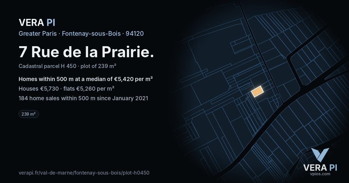 7 Rue de la Prairie, Fontenay-sous-Bois at night – the plot lit, the parcels around coloured by the prices near them