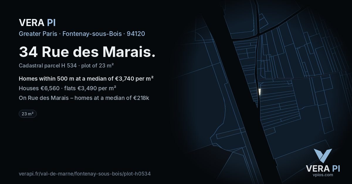34 Rue des Marais, Fontenay-sous-Bois at night – the plot lit, the parcels around coloured by the prices near them