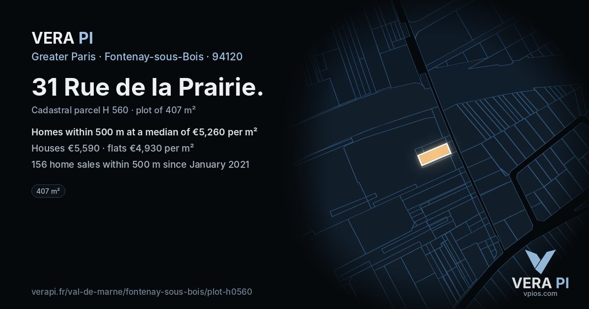31 Rue de la Prairie, Fontenay-sous-Bois at night – the plot lit, the parcels around coloured by the prices near them