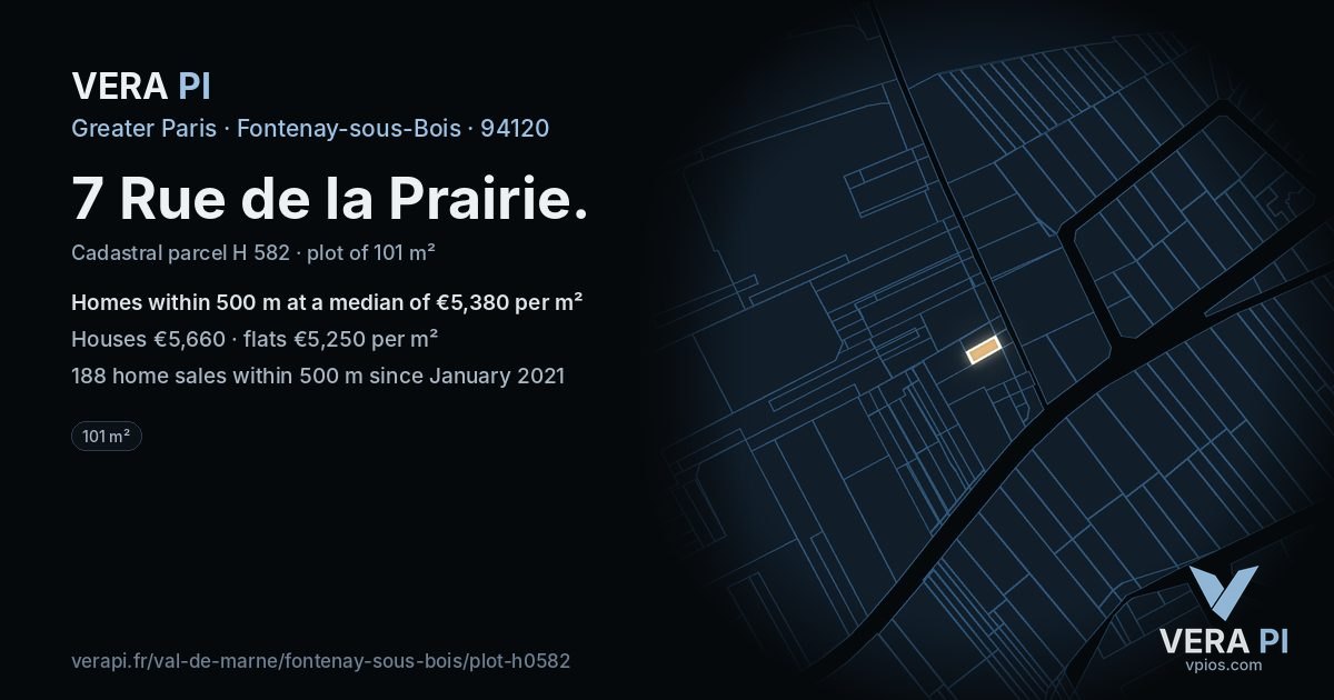 7 Rue de la Prairie, Fontenay-sous-Bois at night – the plot lit, the parcels around coloured by the prices near them