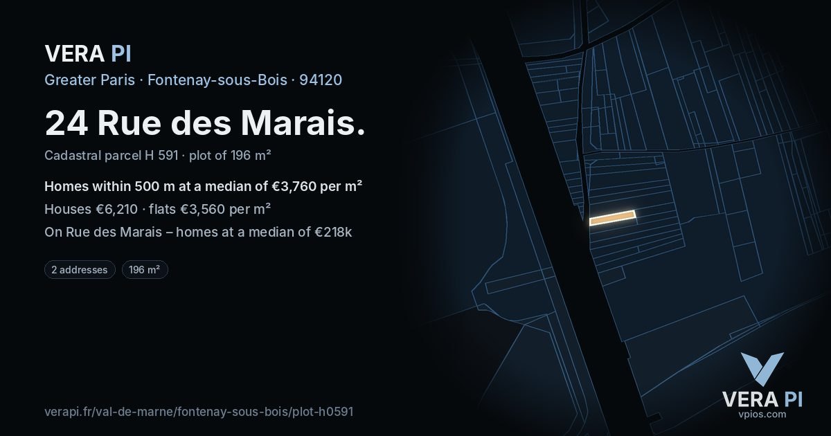 24 Rue des Marais, Fontenay-sous-Bois at night – the plot lit, the parcels around coloured by the prices near them