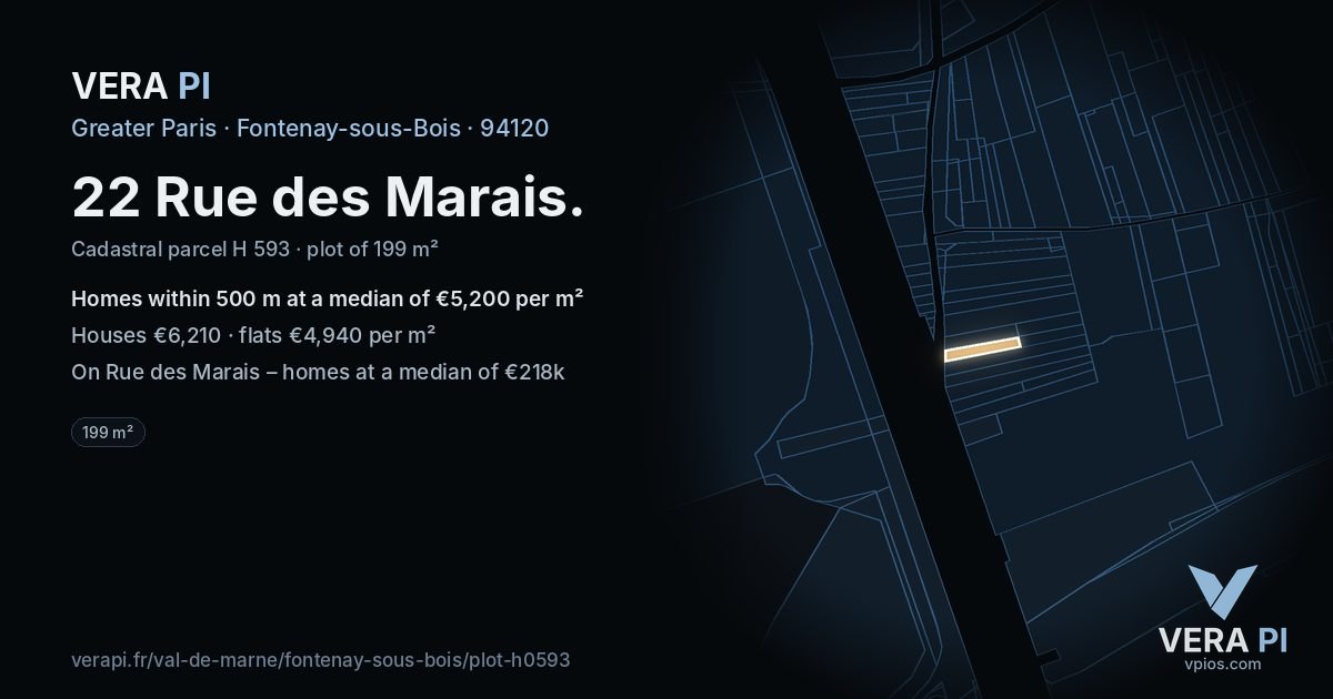 22 Rue des Marais, Fontenay-sous-Bois at night – the plot lit, the parcels around coloured by the prices near them