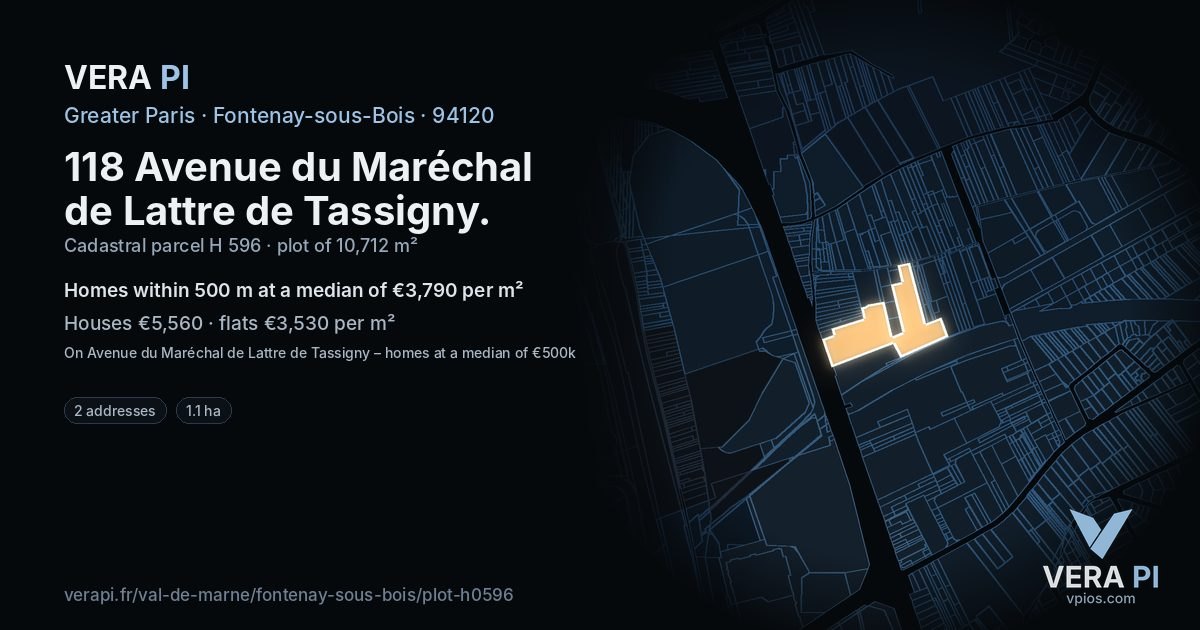 118 Avenue du Maréchal de Lattre de Tassigny, Fontenay-sous-Bois at night – the plot lit, the parcels around coloured by the prices near them