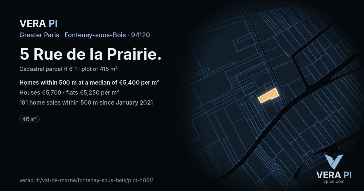 5 Rue de la Prairie, Fontenay-sous-Bois at night – the plot lit, the parcels around coloured by the prices near them