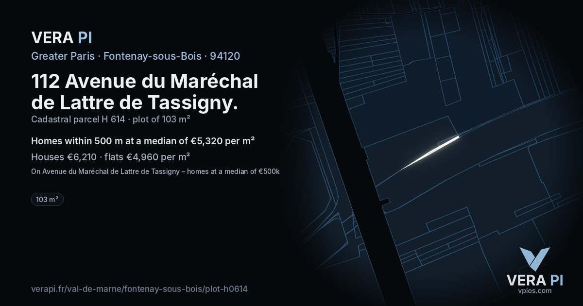 112 Avenue du Maréchal de Lattre de Tassigny, Fontenay-sous-Bois at night – the plot lit, the parcels around coloured by the prices near them