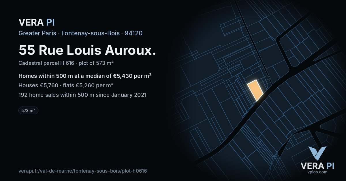 55 Rue Louis Auroux, Fontenay-sous-Bois at night – the plot lit, the parcels around coloured by the prices near them