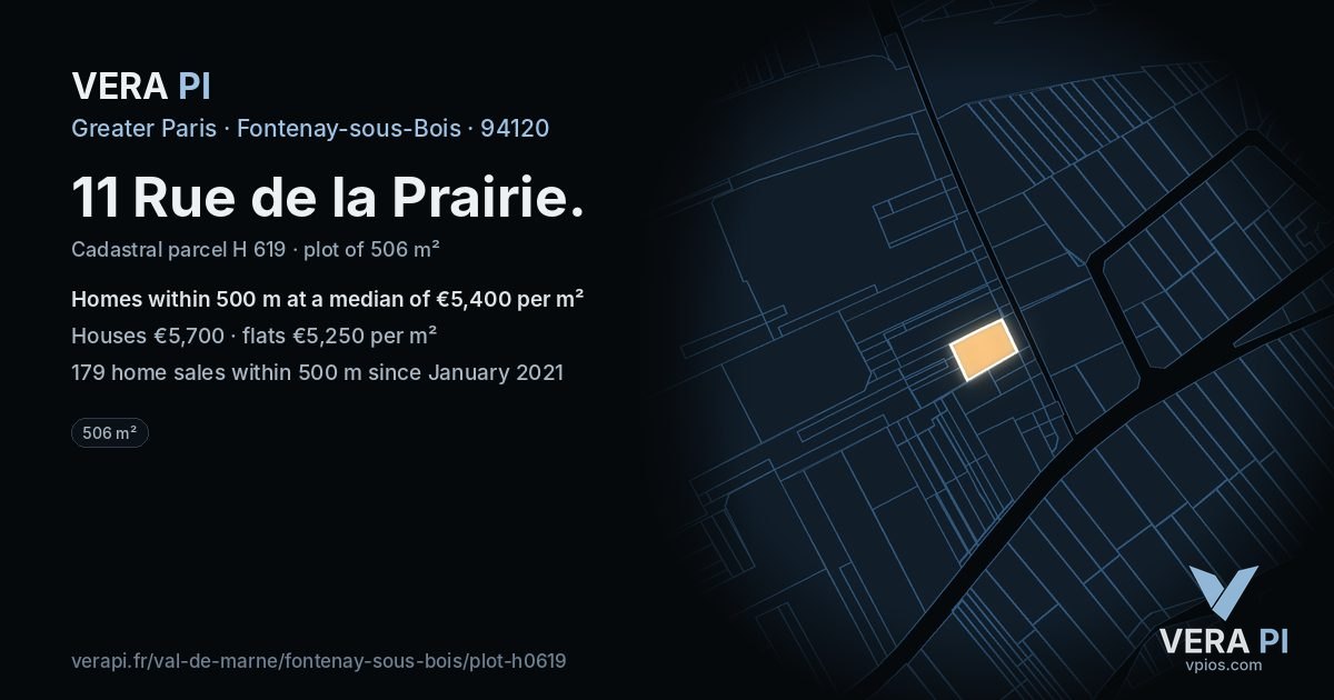 11 Rue de la Prairie, Fontenay-sous-Bois at night – the plot lit, the parcels around coloured by the prices near them