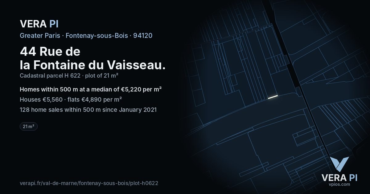 44 Rue de la Fontaine du Vaisseau, Fontenay-sous-Bois at night – the plot lit, the parcels around coloured by the prices near them