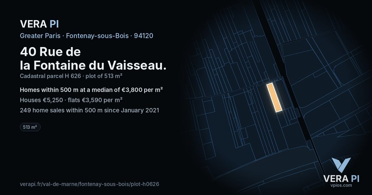 40 Rue de la Fontaine du Vaisseau, Fontenay-sous-Bois at night – the plot lit, the parcels around coloured by the prices near them
