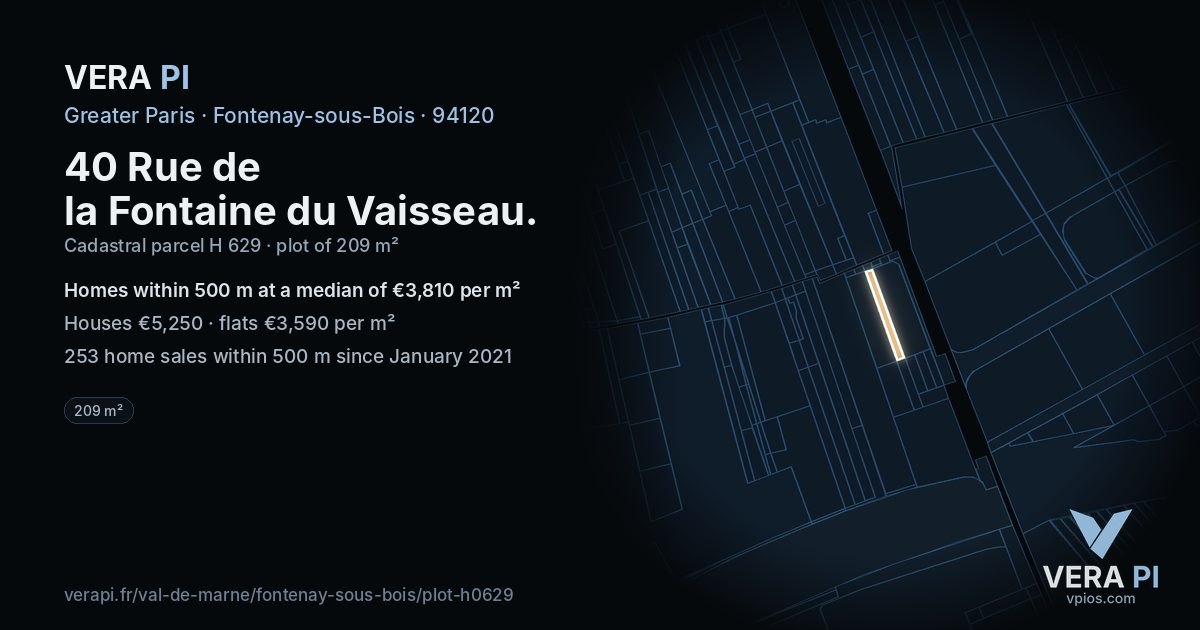 40 Rue de la Fontaine du Vaisseau, Fontenay-sous-Bois at night – the plot lit, the parcels around coloured by the prices near them