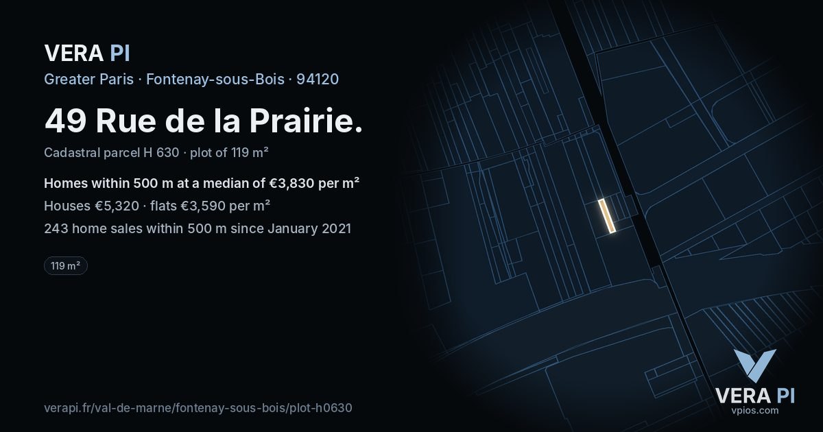 49 Rue de la Prairie, Fontenay-sous-Bois at night – the plot lit, the parcels around coloured by the prices near them
