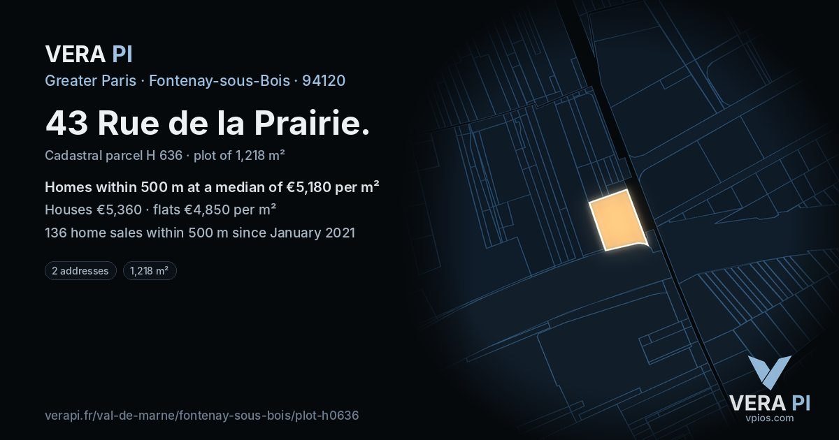43 Rue de la Prairie, Fontenay-sous-Bois at night – the plot lit, the parcels around coloured by the prices near them
