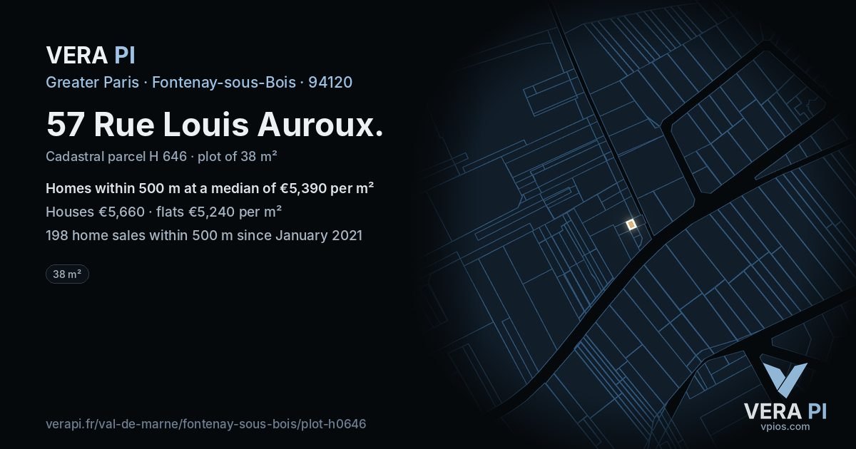 57 Rue Louis Auroux, Fontenay-sous-Bois at night – the plot lit, the parcels around coloured by the prices near them