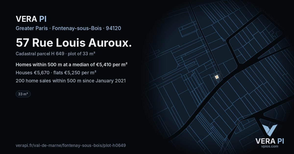 57 Rue Louis Auroux, Fontenay-sous-Bois at night – the plot lit, the parcels around coloured by the prices near them