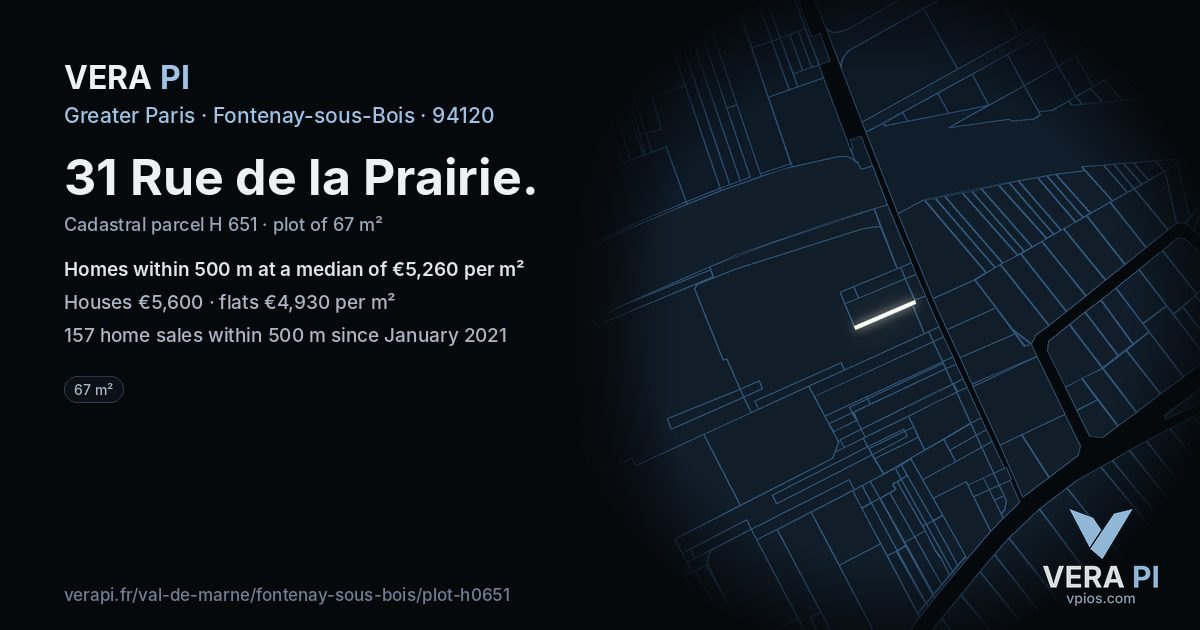 31 Rue de la Prairie, Fontenay-sous-Bois at night – the plot lit, the parcels around coloured by the prices near them
