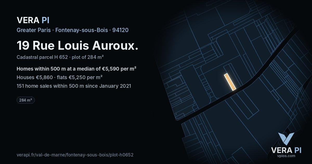 19 Rue Louis Auroux, Fontenay-sous-Bois at night – the plot lit, the parcels around coloured by the prices near them