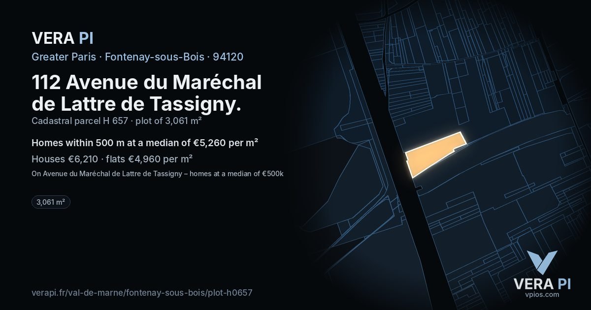 112 Avenue du Maréchal de Lattre de Tassigny, Fontenay-sous-Bois at night – the plot lit, the parcels around coloured by the prices near them