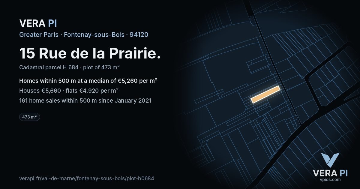 15 Rue de la Prairie, Fontenay-sous-Bois at night – the plot lit, the parcels around coloured by the prices near them
