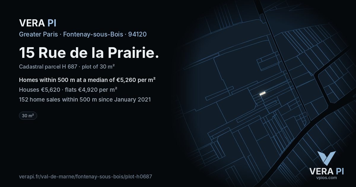 15 Rue de la Prairie, Fontenay-sous-Bois at night – the plot lit, the parcels around coloured by the prices near them