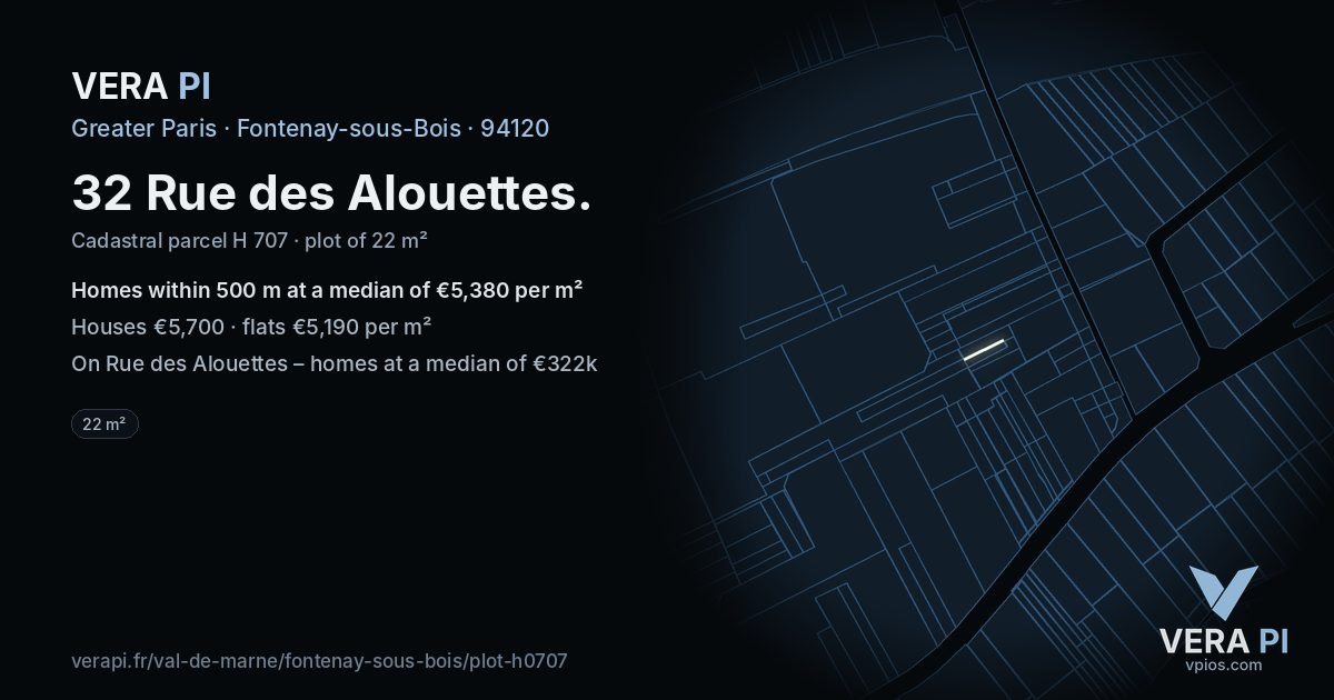 32 Rue des Alouettes, Fontenay-sous-Bois at night – the plot lit, the parcels around coloured by the prices near them