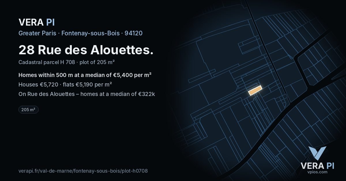 28 Rue des Alouettes, Fontenay-sous-Bois at night – the plot lit, the parcels around coloured by the prices near them