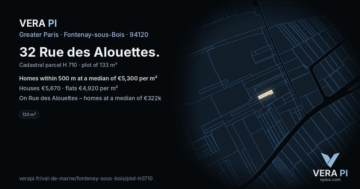 32 Rue des Alouettes, Fontenay-sous-Bois at night – the plot lit, the parcels around coloured by the prices near them