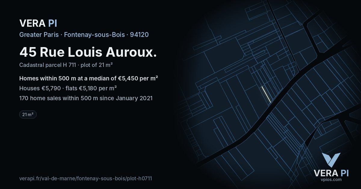 45 Rue Louis Auroux, Fontenay-sous-Bois at night – the plot lit, the parcels around coloured by the prices near them
