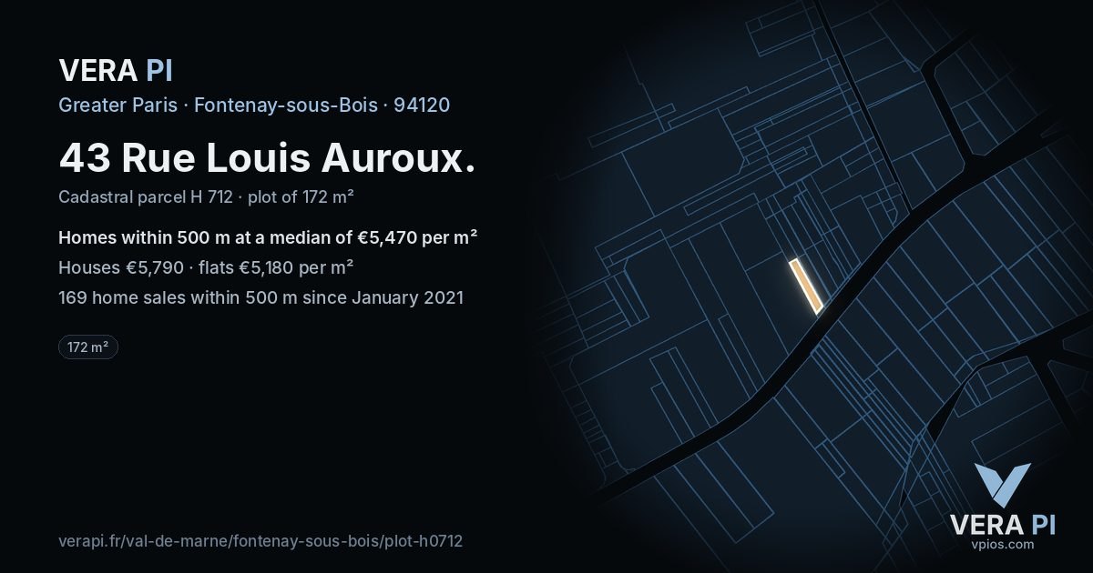 43 Rue Louis Auroux, Fontenay-sous-Bois at night – the plot lit, the parcels around coloured by the prices near them